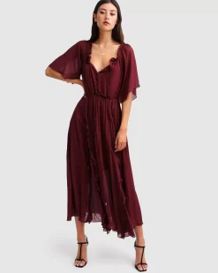 Belle & Bloom Amour Amour Ruffled Midi Dress - Burgundy Cheap