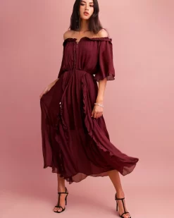 Belle & Bloom Amour Amour Ruffled Midi Dress - Burgundy Cheap