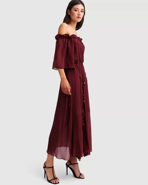 Belle & Bloom Amour Amour Ruffled Midi Dress - Burgundy Cheap