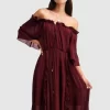 Belle & Bloom Amour Amour Ruffled Midi Dress - Burgundy Cheap