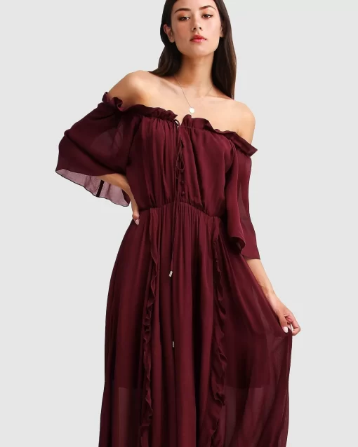 Belle & Bloom Amour Amour Ruffled Midi Dress - Burgundy Cheap