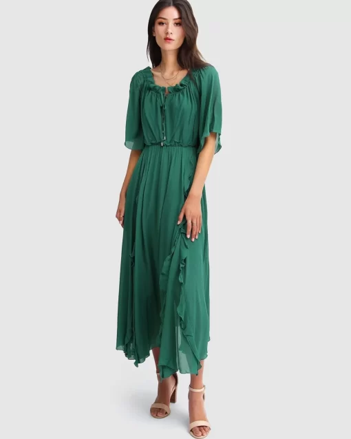 Belle & Bloom Amour Amour Ruffled Midi Dress - Dark Green Hot