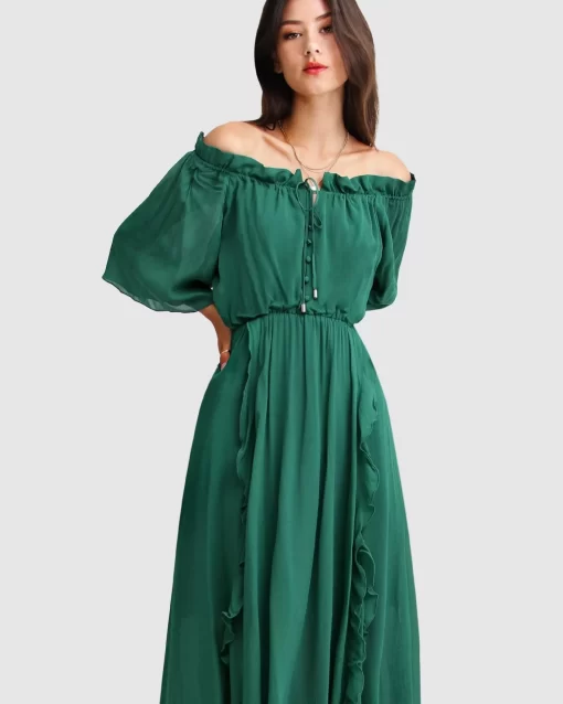 Belle & Bloom Amour Amour Ruffled Midi Dress - Dark Green Hot