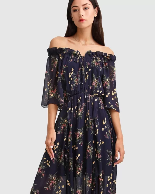 Belle & Bloom Amour Amour Ruffled Midi Dress - Navy Clearance