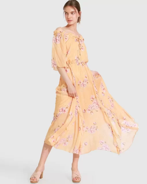 Belle & Bloom Amour Amour Ruffled Midi Dress - Peach Peonies Outlet