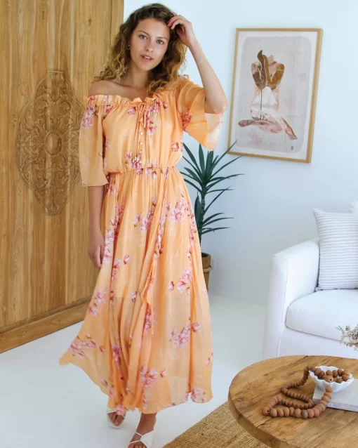 Belle & Bloom Amour Amour Ruffled Midi Dress - Peach Peonies Outlet