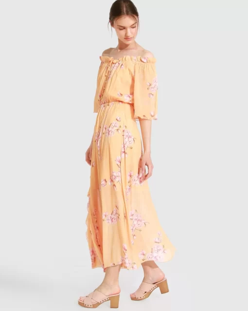 Belle & Bloom Amour Amour Ruffled Midi Dress - Peach Peonies Outlet