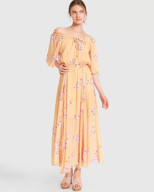 Belle & Bloom Amour Amour Ruffled Midi Dress - Peach Peonies Cheap