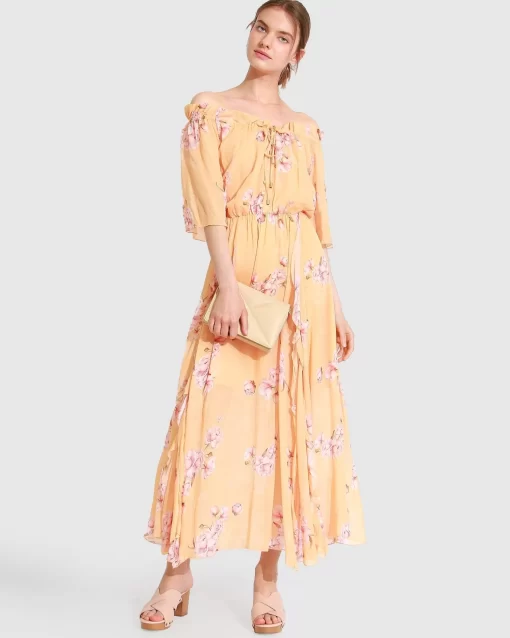 Belle & Bloom Amour Amour Ruffled Midi Dress - Peach Peonies Cheap