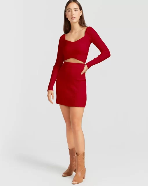 Belle & Bloom C'Est Belle Knit Mini Skirt - Red Outlet