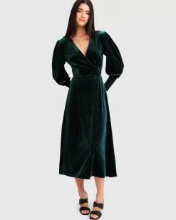 Belle & Bloom Current Mood Velvet Wrap Dress - Dark Green Shop