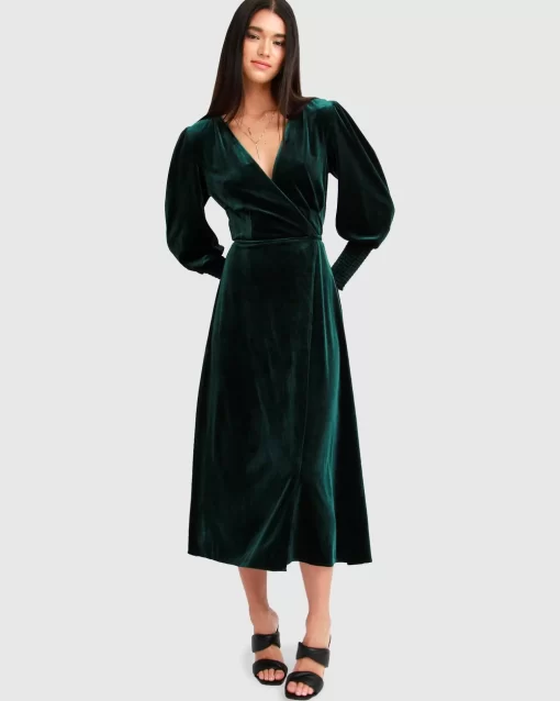 Belle & Bloom Current Mood Velvet Wrap Dress - Dark Green Shop