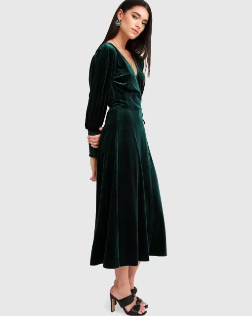 Belle & Bloom Current Mood Velvet Wrap Dress - Dark Green Shop