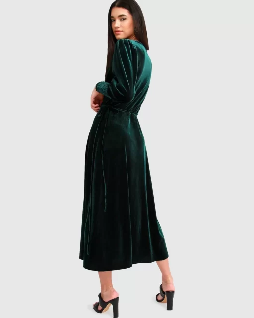 Belle & Bloom Current Mood Velvet Wrap Dress - Dark Green Shop