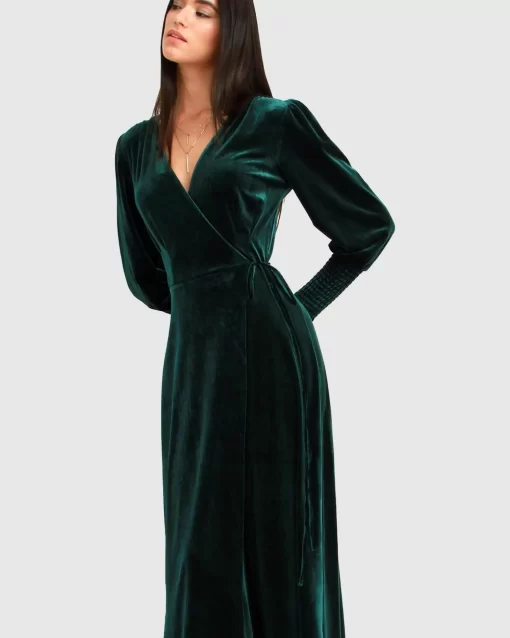 Belle & Bloom Current Mood Velvet Wrap Dress - Dark Green Shop