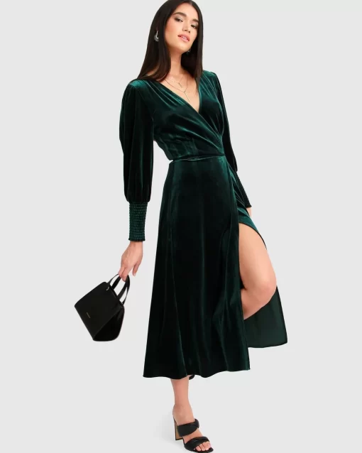 Belle & Bloom Current Mood Velvet Wrap Dress - Dark Green Shop