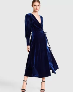 Belle & Bloom Current Mood Velvet Wrap Dress - Royal Blue Flash Sale