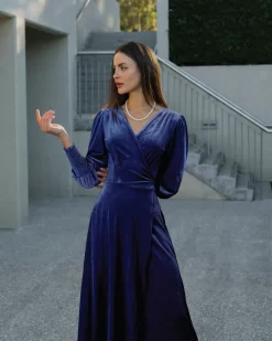 Belle & Bloom Current Mood Velvet Wrap Dress - Royal Blue Flash Sale