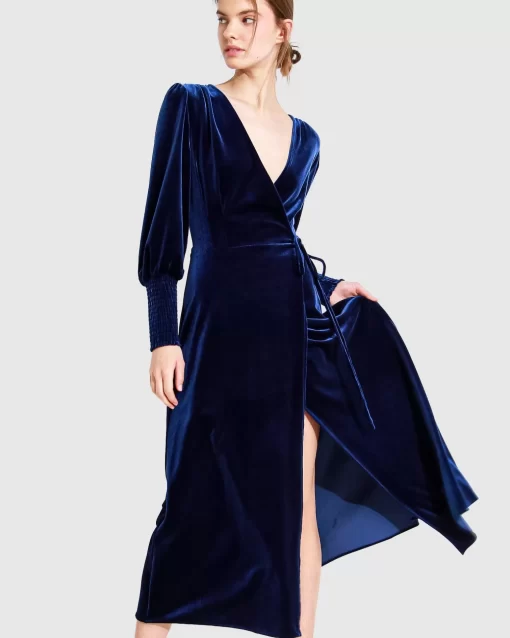 Belle & Bloom Current Mood Velvet Wrap Dress - Royal Blue Flash Sale