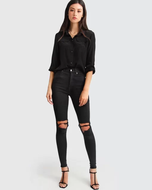 Belle & Bloom Eclipse Rolled Sleeve Blouse - Black Hot