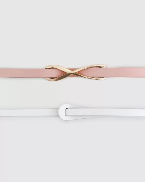 Belle & Bloom Leather Tie Belt 2 Pack - Pink / White Discount