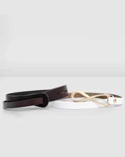 Belle & Bloom Leather Tie Belt 2 Pack - White / Espresso Hot