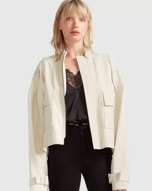 Belle & Bloom Reload Draped Leather Look Jacket - Cream Clearance