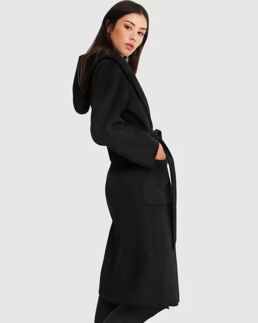 Belle & Bloom Runaway Wool Blend Robe Coat - Black Hot