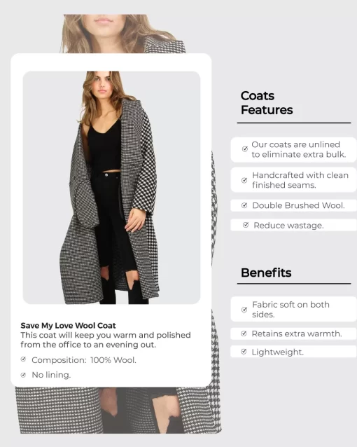 Belle & Bloom Save My Love Wool Coat - Black & White Check Clearance