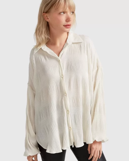 Belle & Bloom Serenade Velvet Plisse Shirt - Off-White Clearance