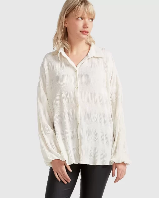 Belle & Bloom Serenade Velvet Plisse Shirt - Off-White Clearance