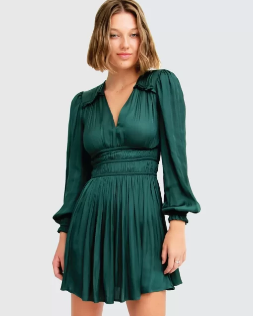 Belle & Bloom Shine Bright Ruched Mini Dress - Dark Green Hot