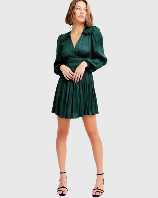 Belle & Bloom Shine Bright Ruched Mini Dress - Dark Green Hot