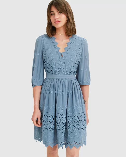 Belle & Bloom Sweet Talk Eyelet Mini Dress - Dusty Blue Outlet