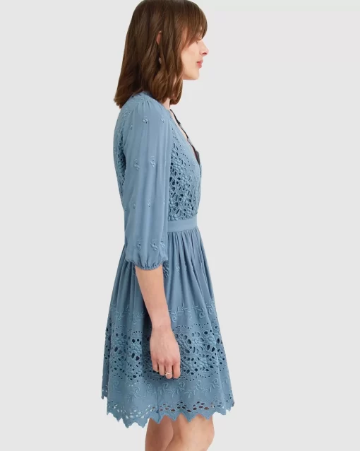 Belle & Bloom Sweet Talk Eyelet Mini Dress - Dusty Blue Outlet