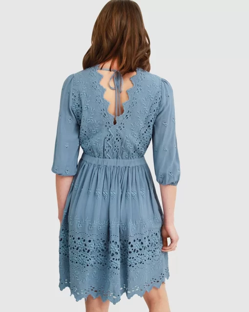 Belle & Bloom Sweet Talk Eyelet Mini Dress - Dusty Blue Outlet