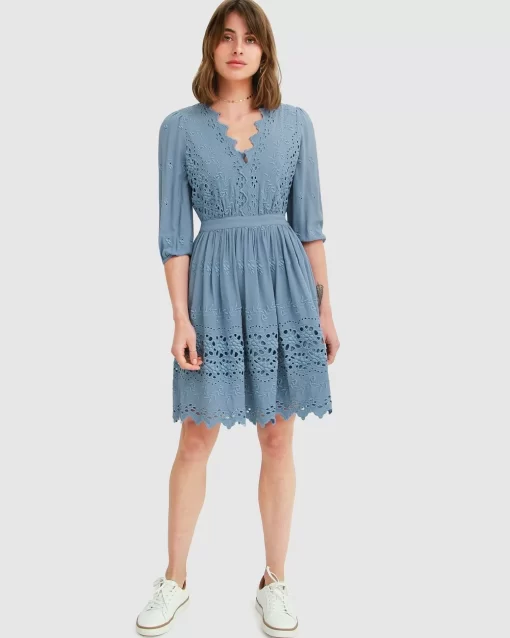 Belle & Bloom Sweet Talk Eyelet Mini Dress - Dusty Blue Outlet