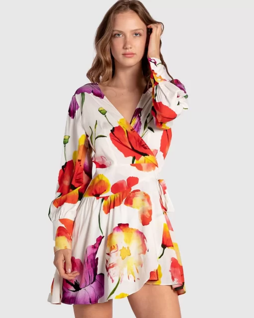 Belle & Bloom The Dancer Longsleeve Mini Wrap Dress - Wild Poppies Best Sale