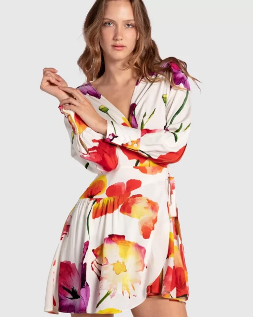 Belle & Bloom The Dancer Longsleeve Mini Wrap Dress - Wild Poppies Best Sale