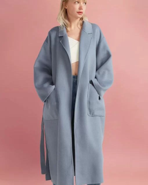 Belle & Bloom Wide Awake Split Hem Overcoat - Denim Blue Hot