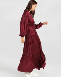 Belle & Bloom Window Seat Tiered Maxi Dress - Merlot Flash Sale