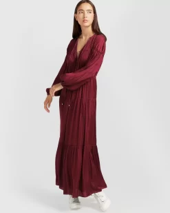 Belle & Bloom Window Seat Tiered Maxi Dress - Merlot Flash Sale