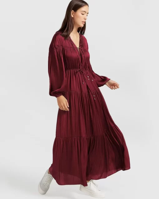 Belle & Bloom Window Seat Tiered Maxi Dress - Merlot Flash Sale