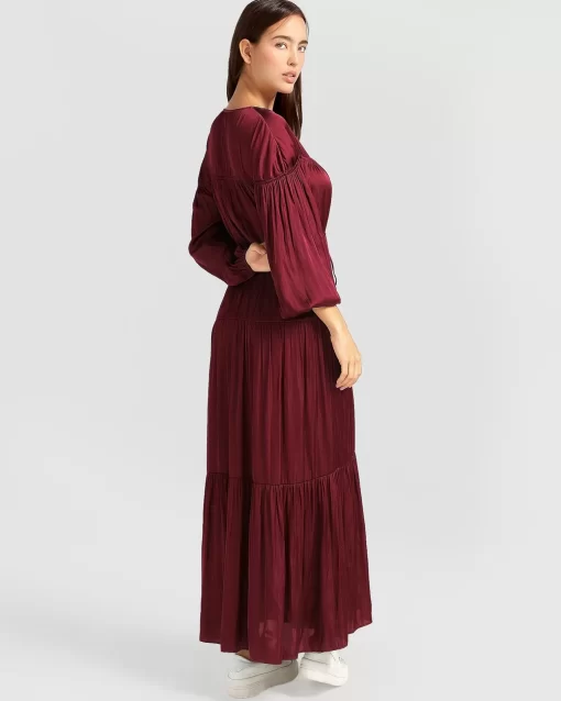 Belle & Bloom Window Seat Tiered Maxi Dress - Merlot Flash Sale