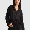 Belle & Bloom Yoko Shirred Chiffon Blouse - Black Discount