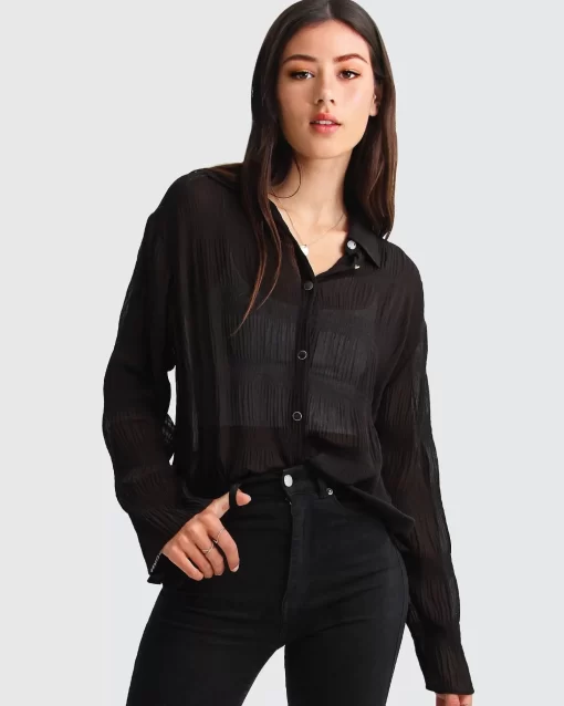 Belle & Bloom Yoko Shirred Chiffon Blouse - Black Discount