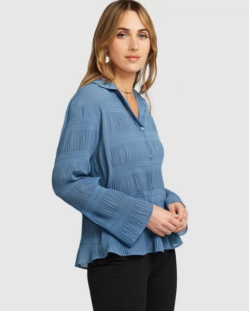 Belle & Bloom Yoko Shirred Chiffon Blouse - Dusty Blue Final Sale Flash Sale