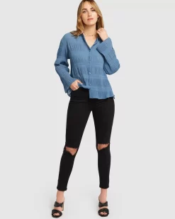 Belle & Bloom Yoko Shirred Chiffon Blouse - Dusty Blue Final Sale Hot