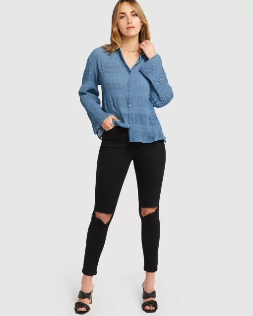 Belle & Bloom Yoko Shirred Chiffon Blouse - Dusty Blue Final Sale Flash Sale