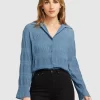 Belle & Bloom Yoko Shirred Chiffon Blouse - Dusty Blue Final Sale Hot